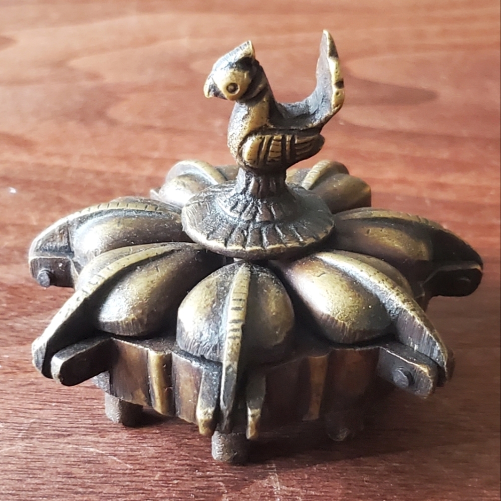 Antique Indian Hindu Brass Bronze Box for Kumkum Ritual Powder Spice Peacock